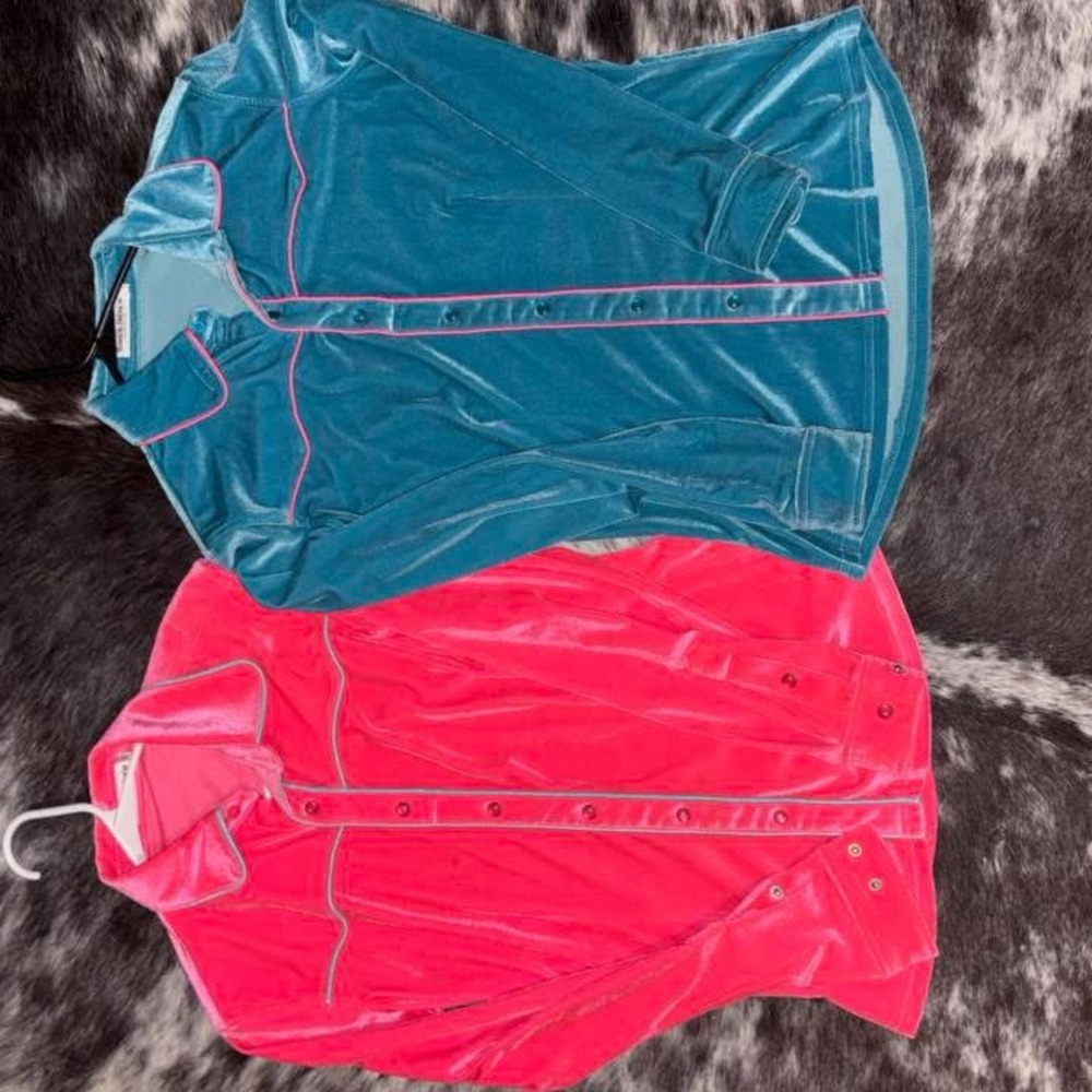 Women's Velvet Button Down Shirts - Teal and Pink worn once
